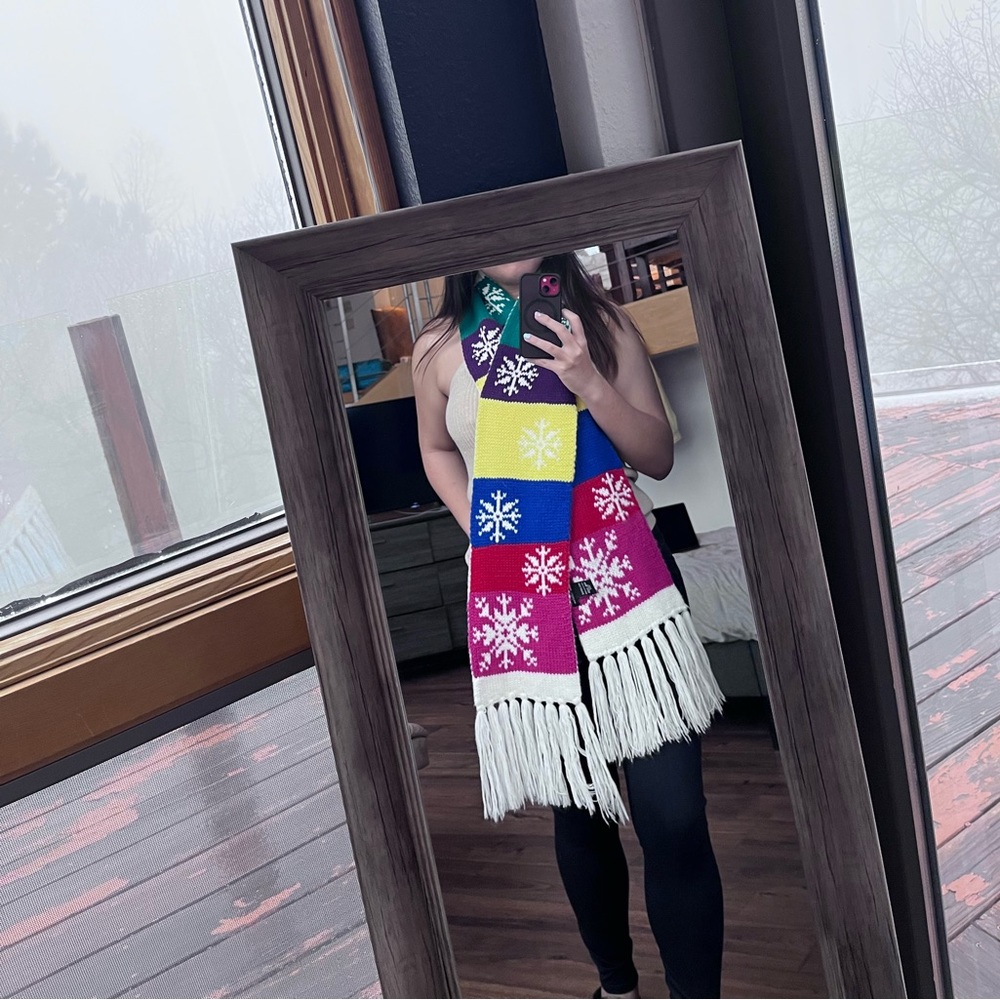 New York & Company: Snowflake Rainbow Tassel Scarf View 2
